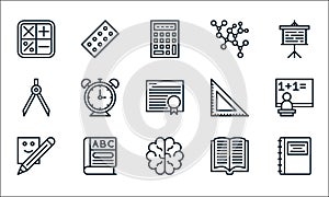 School line icons. linear set. quality vector line set such as agenda, brain, writing, book, book, compass, ruler, chemistry,