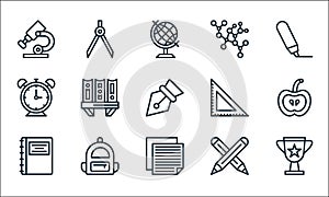 School line icons. linear set. quality vector line set such as award, notes, agenda, pencil, backpack, alarm clock, ruler,