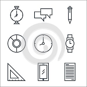 School line icons. linear set. quality vector line set such as file, smartphone, ruler, watch, time, pie chart, pen, chat