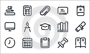 school line icons. linear set. quality vector line set such as locker, clipboard, clock, push pin, calendar, monitor, books,