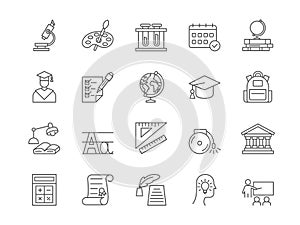 School line icons. Students academic studying. Master or graduate. Teacher at class blackboard. College lesson