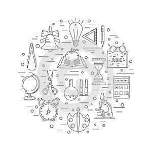 School linear icons arranged in a circle