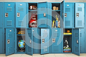 School lockers with items, equipments and accessoires for education. Back to school