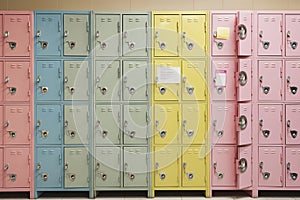 School lockers of various colors, front view. Ai generated