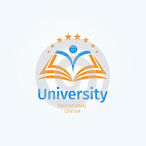 School logo. Open book and student silhouette. Knowledge and education symbol. University, Library and bookstore