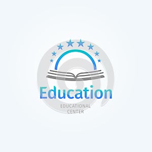 School logo. Open book and sun. Knowledge and education symbol. Library and bookstore logotype template. Vector