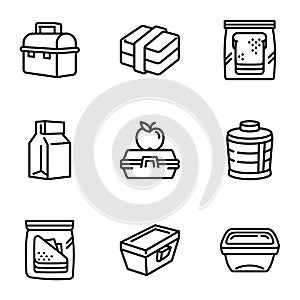 School lunch box icon set, outline style