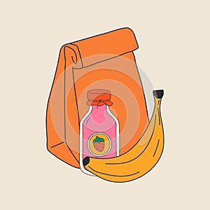 School lunch box, paper bag. Various food. Hand drawn Vector illustration.