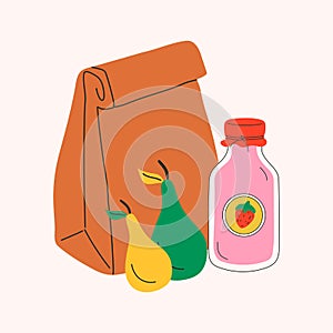School lunch box, paper bag. Various food. Hand drawn Vector illustration.