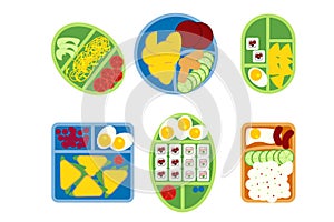 School lunch boxes set, isolated vector illustration. Snacks in plastic colorful containers with italian, asian