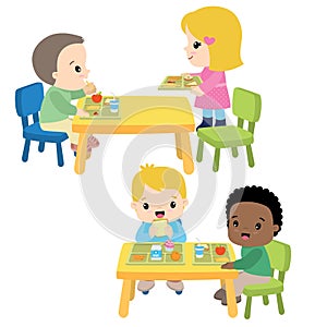 School Lunch Cafeteria Children Eating Lunch Vector Illustration Isolated on White