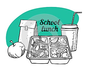 School lunch composition. Container with food, paper bag, apple and drink