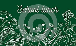 School lunch composition. Food containers, sandwiches, lunchbox nuts and fruits on the bottom of the page