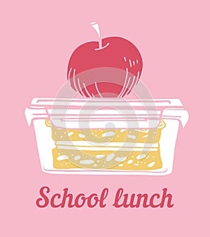 School lunch design. Apple on food container with sandwich. Hand drawn vector sketch illustration