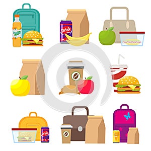 School lunch food boxes and kids bags. Vector, illustration in flat style isolated