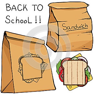 School lunch food boxes and sandwich , vector flat icons