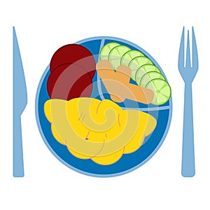 School lunch, isolated vector illustration. Kids school meals icon in flat style. A plate of potatoes, cutlets