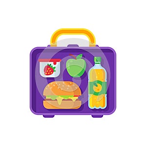 School lunch in lunchbox. Healthy dinner in food box. Schoolkid meal metal bag with sandwich, apple and snacks cartoon