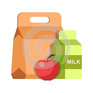 School lunch meal box breakfast container and milk pack vector flat icon