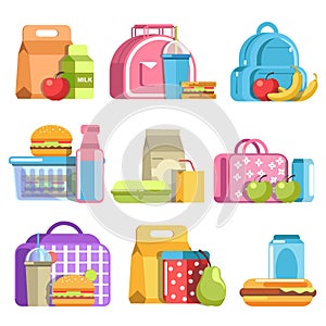 School lunch and meal boxes, containers and bottles, vector flat isolated icons