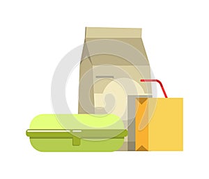 School lunch in paper and cardboard containers isolated illustration