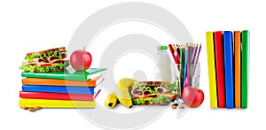 School lunch with a sandwich, fresh fruits and multicolored books on a white isolated background