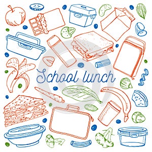 School lunch set. Food containers, sandwiches, lunchbox bags, drinks, nuts and fruits. Hand drawn outline sketch illustration
