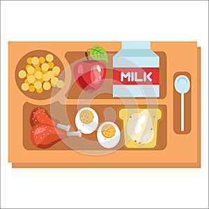 School lunch tray, Children dinner consist of chicken drumsticks eggs milk and apple vector illustration.