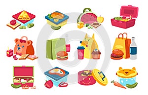 School lunchboxes. Cute plastic kid lunch box with homemade food, childish containers with snacks healthy children