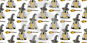 SCHOOL OF MAGIC. OWL In a mantle and a magic talking hat. Hogwarts. Harry Potter Seamless Pattern