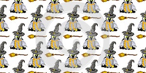 SCHOOL OF MAGIC. OWL In a mantle and a magic talking hat. Hogwarts. Harry Potter Seamless Pattern photo