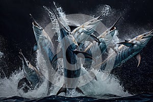 school of marlin jumping in unison, creating stunning tableau