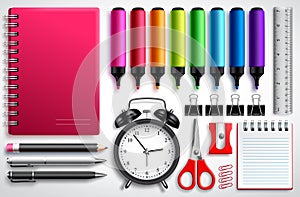 School materials vector set with coloring pens, notebook and office supplies isolated in white background