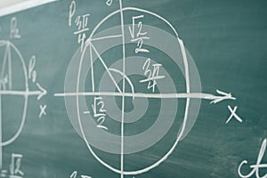 School math lesson. Trigonometry. Chalkboard Function graphs. photo