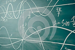 School math lesson. Trigonometry. Chalkboard Function graphs. photo