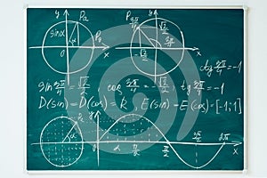 School math lesson. Trigonometry. Chalkboard Function graphs. photo