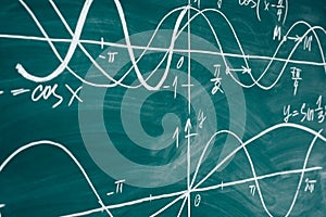 School math lesson. Trigonometry. Chalkboard Function graphs. photo