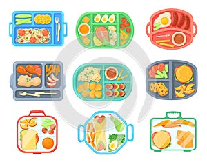 School meal trays. Lunch tray with food cafeteria menu, kid eat breakfast or dinner on convenience lunchbox top view photo