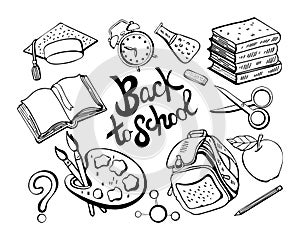 School monochrome set in vector. Black and white various school supplies-subjects for study, books, textbooks, pencil, eraser,