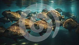 School of multi colored fish swim in tranquil underwater landscape generated by AI