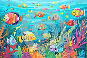 school of neon-colored fish around a reef