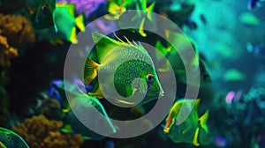 A school of neon green angelfish swimming in perfect unison their scales shining in the colorful water