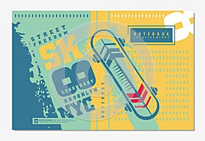 School notebook design concept with skateboard graphic and various geometric shapes