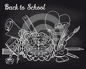 School objects on chalkboard