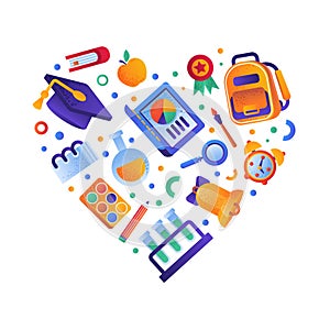 School Objects and Supplies with Backpack, Graduation Hat, Alarm Clock and Bell Vector Heart Shaped Composition