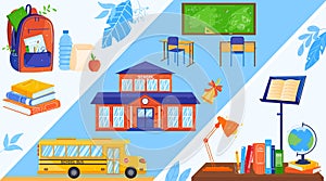 School objects vector illustration set, cartoon flat education supplies or tools collection with green class schoolboard