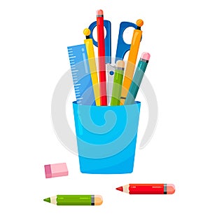 School or office Cup for pens and pencils. Bright flat illustration