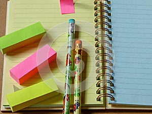 School office stationary set with pencil and empty spiral note