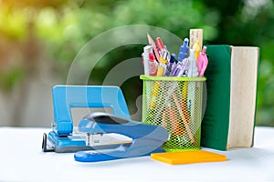 School and office stationary on white table