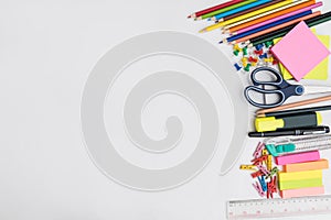 School and office supplies frame, on white background